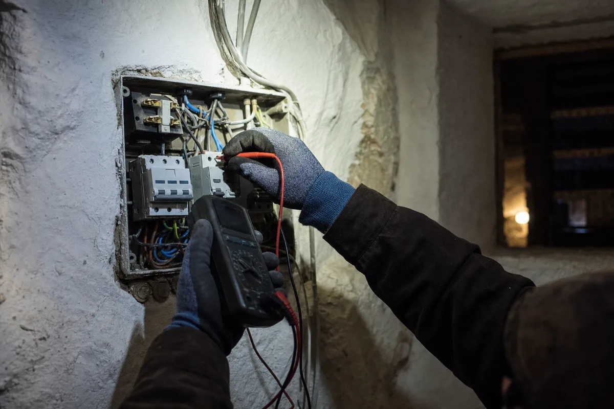 Electricista urgente en Sóller midiendo tensión en el cuadro de una casa de piedra