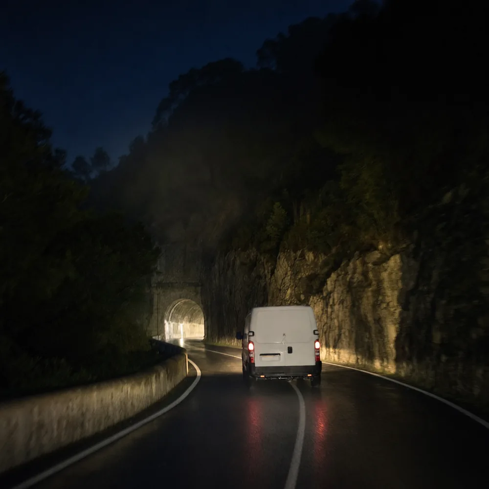Furgoneta del electricista urgente en Sóller camino del valle de noche por el túnel