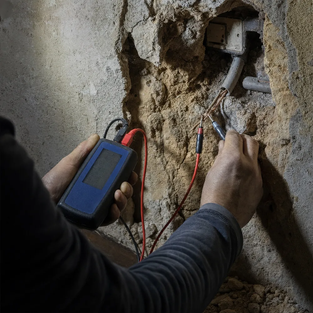 Medición de aislamiento en un cable empotrado en el muro de piedra en Sóller