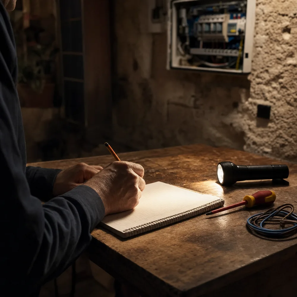 Electricista preparando el presupuesto cerrado de una reparación nocturna en Sóller