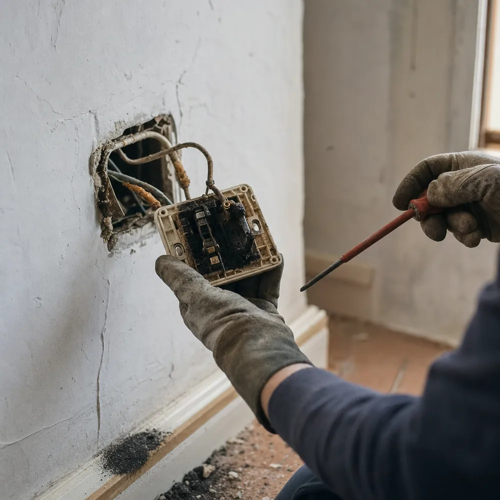 Enchufe quemado desmontado en una urgencia eléctrica atendida en una vivienda de Sóller